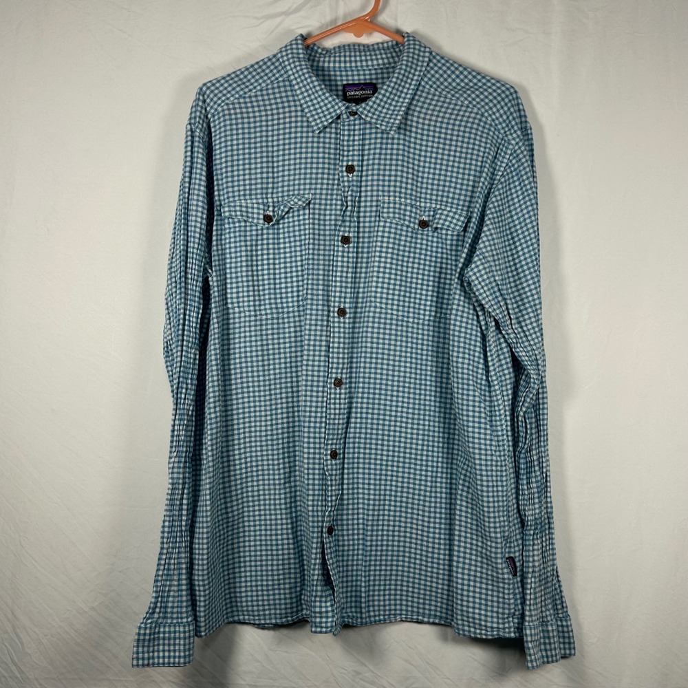 Patagonia‎ Button Down Mens XL Blue Gingham Organic Cotton Long Sleeve Shirt